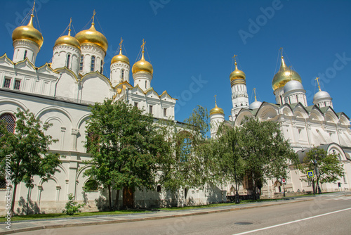 17th century golden domed white churches of the Moscow Kremlin in summer, Russia