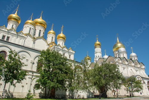 17th century golden domed white churches of the Moscow Kremlin in summer, Russia