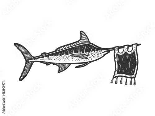 Marlin sword with with flag on its nose sketch engraving raster illustration. T-shirt apparel print design. Scratch board imitation. Black and white hand drawn image.