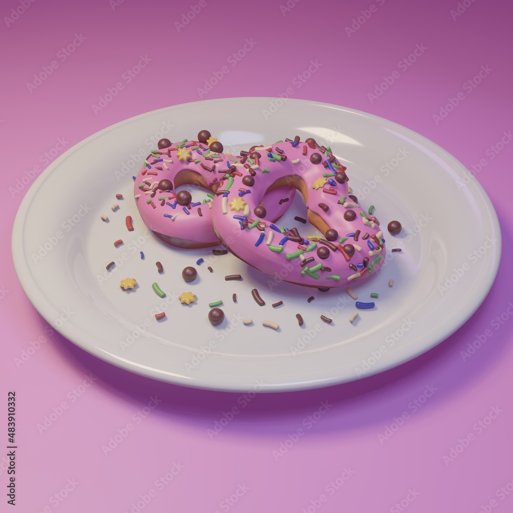 two glazed donuts with colorful sprinkles in the shape of hearts on a white plate - pink background - sweet yummy - happy valentine's day - 3d render illustration two glazed donuts with colorful sprinkles in the shape of hearts on a white plate - pink background - sweet yummy - happy valentine's day - 3d render illustration