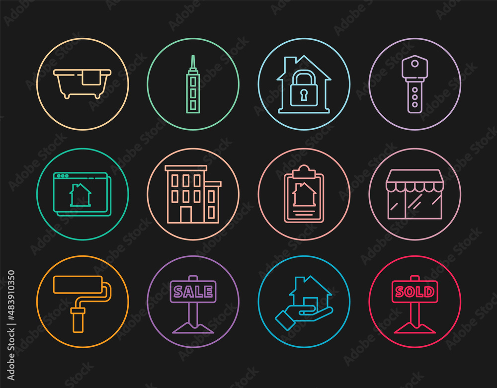 Set line Hanging sign with text Sold, Market store, House under protection, Online real estate house, Bathtub, contract and Skyscraper icon. Vector Set line Hanging sign with text Sold, Market store, House under protection, Online real estate house, Bathtub, contract and Skyscraper icon. Vector
