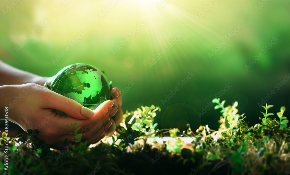 Environment day, save clean planet, ecology concept. Earth Day.Hand holding crystal earth globe.Renewable energy-based green businesses can limit climate change and global warming. - obrazy, fototapety, plakaty 
