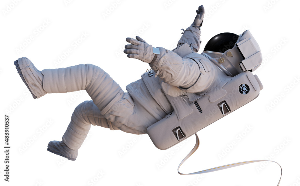 astronaut with safety tether flying in outer space, isolated on white background