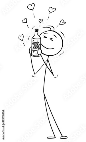 Person Loving Alcohol, Fondling with Bottle, Vector Cartoon Stick Figure Illustration