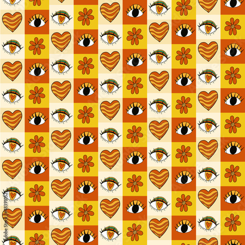 Retro 70s Seamless pattern for Valentine's Day. Hand drawn Hearts with big eyes. Vector illustration.