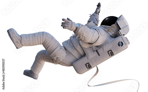 astronaut with safety tether flying in outer space, isolated on white background 