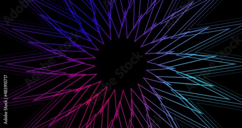 Psychedelic kaleidoscope abstract animation with red, pink, purple and blue colors. Oncoming star shapes that disappear in rotation. Empty space for text in the middle. Spectacular intro.