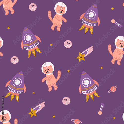 Fototapeta Naklejka Na Ścianę i Meble -  Cat in space with planets, rocket and stars, vector seamless pattern in flat hand drawn style