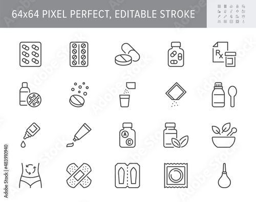 Pharmacy line icons. Vector illustration include icon - rx, effervescent pill, blister, sachet, bandage, capsule bottle outline pictogram for drug medication. 64x64 Pixel Perfect, Editable Stroke