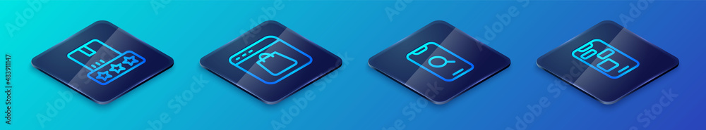 Set Isometric line Magnifying glass and mobile, Consumer product rating, Mobile 24 hours support and Online shopping screen icon. Vector Set Isometric line Magnifying glass and mobile, Consumer product rating, Mobile 24 hours support and Online shopping screen icon. Vector