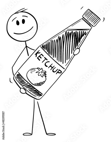Person Holding Ketchup Bottle, Vector Cartoon Stick Figure Illustration