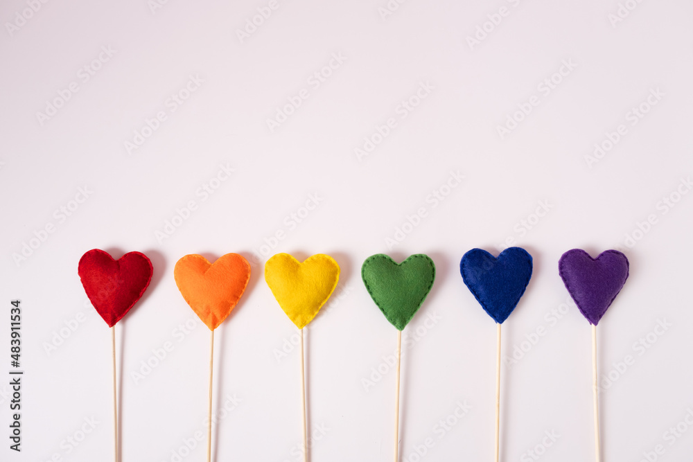 Colorful handmade hearts on sticks in colors of LGBT on the white textured background.