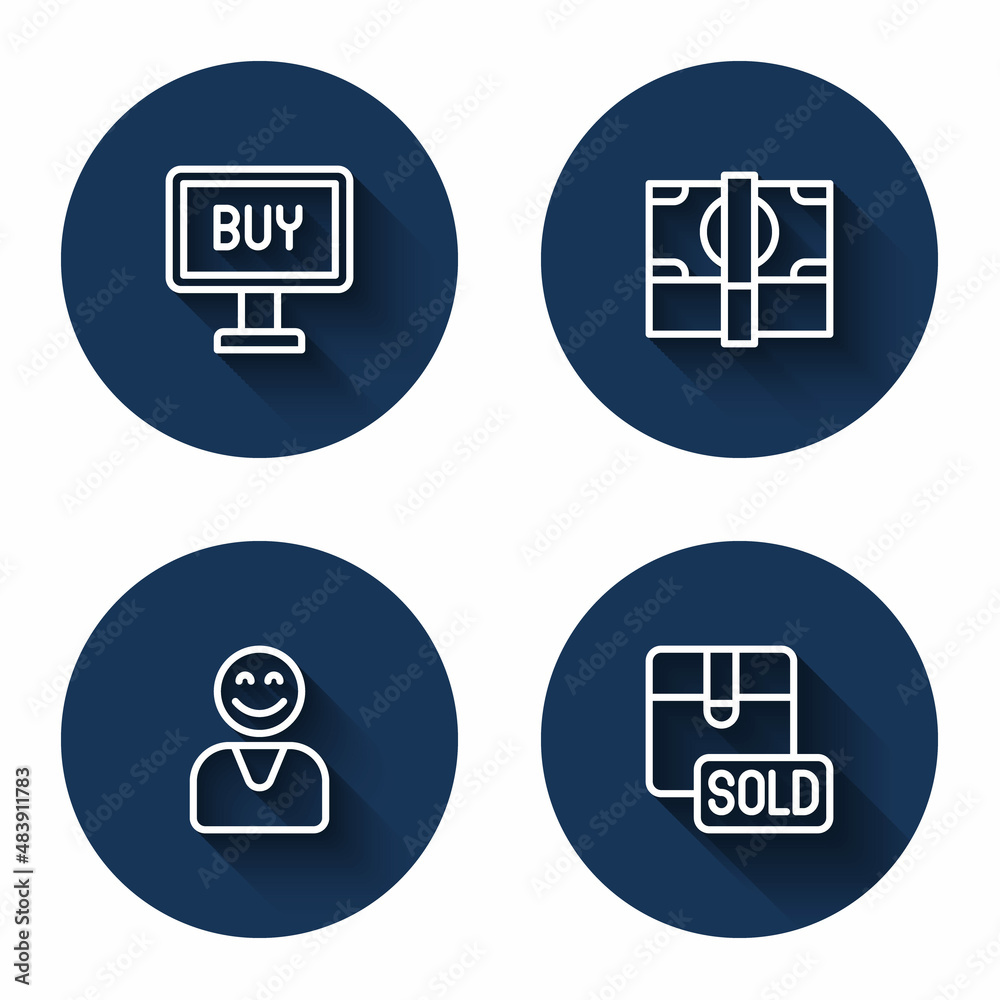 Set line Buy button, Stacks paper money cash, Happy customer and Sold with long shadow. Blue circle button. Vector Set line Buy button, Stacks paper money cash, Happy customer and Sold with long shadow. Blue circle button. Vector