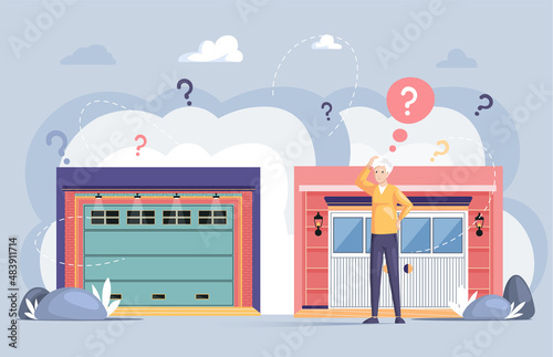Selection of storage space, place for transport storing inside house. Gates with lifting mechanism in garage for automobile parking. Man looking for modern garage with automatically opening doors