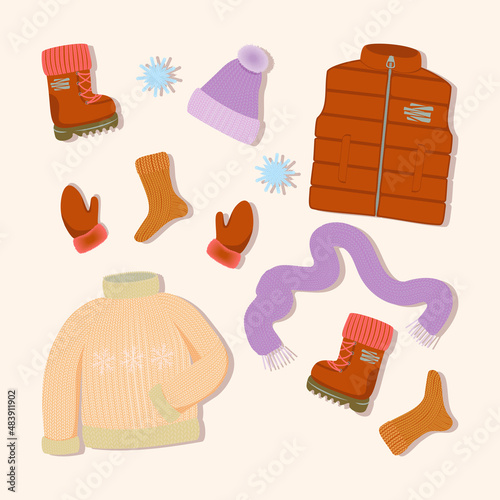 Vecot set of winter clothers. Isolated down vest, boots, gloves.  Winter knitting -  sweater, scarf, hat,  socks.  Vector flat illustration