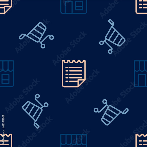 Set line Market store, Shopping cart and Wish list template on seamless pattern. Vector