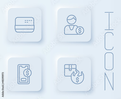Set line Credit card, Buyer, Mobile with dollar and Hot price. White square button. Vector