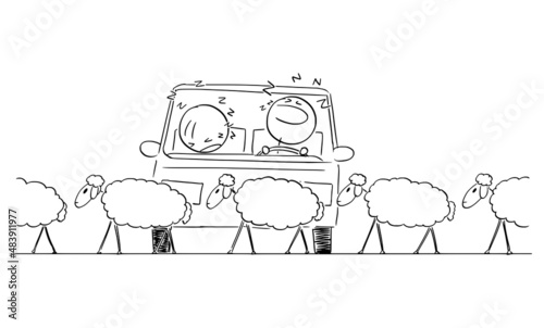 Driver and Passenger in Car Fall a Sleep While Sheep Crossing the Road, Vector Cartoon Stick Figure Illustration