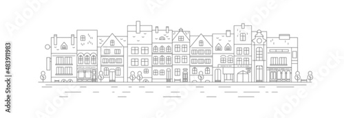 City street with buildings in front.Neighborhood line art house. Urban minimalism scene in flat style.