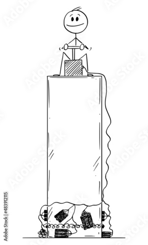 Person Destroing Tower He Is Sitting On, Vector Cartoon Stick Figure Illustration