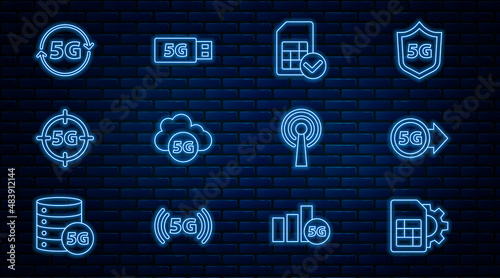 Set line Sim card setting, 5G network, Cloud, Antenna and modem icon. Vector