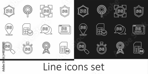 Set line 5G Sim Card, network, card, Location, and Antenna icon. Vector