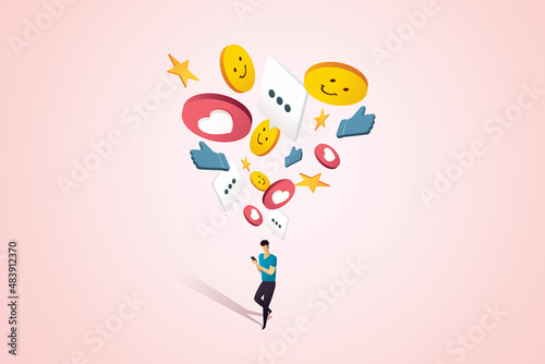 Young men via mobile phone social media and emoji.
