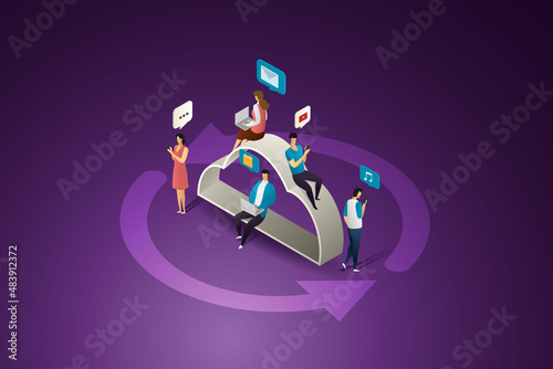 Users via computer and mobile connection on cloud network.