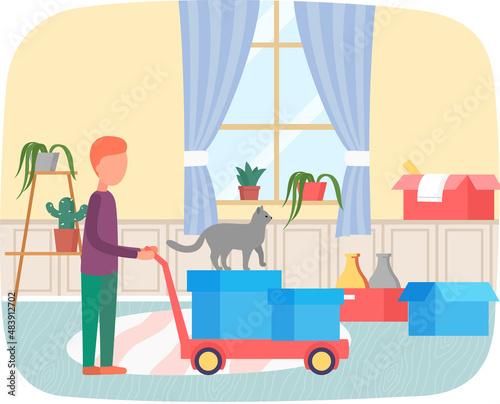 Man moving to new house or studio puts his things in cardboard boxes, changing place of residence. Moving to new apartment, relocation. Person with cat packs things to shipping. Rental of premises