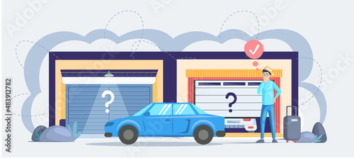 Selection of vehicle storage space, place for passenger transport storing inside house. Gates with lifting mechanism in garage for automobile parking. Man looking for garage to park his car