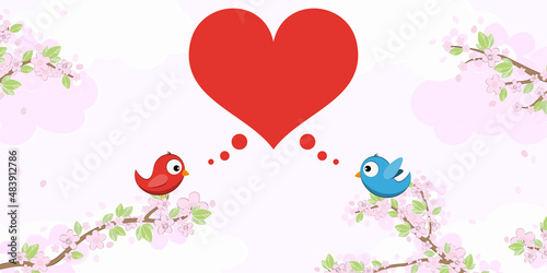 Birds in love on blossom branches