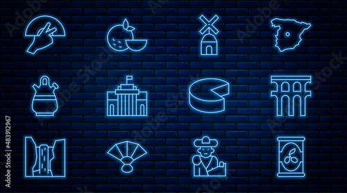 Set line Olives in can, Aqueduct of Segovia, Windmill, Prado museum, Sangria pitcher, Fan flamenco, Cheese and Orange fruit icon. Vector
