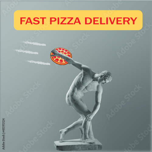 Advertising banner poster with a fast pizza delivery featuring a sculpture of the Disc Thrower. Sculpture Disk Thrower Myron.The Discobolus of Myron