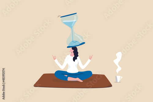 Patience time, practice to concentrate and wait for success, being professional calm and mindfulness thinking, endurance concept, relax woman sitting with sandglass on her head practicing patience. photo