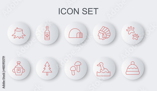 Set line Beanie hat, Maple syrup, Igloo ice house, Flying duck, Tree stump, Beer bottle, Christmas tree and Mushroom icon. Vector