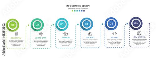 Process of online shopping with 6 steps. Steps business timeline process infographic template