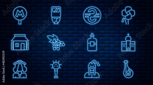 Set line Bandura, Church building, Ukrainian hryvnia, Branch viburnum, house, Metro or Underground, Bottle of vodka and cossack icon. Vector