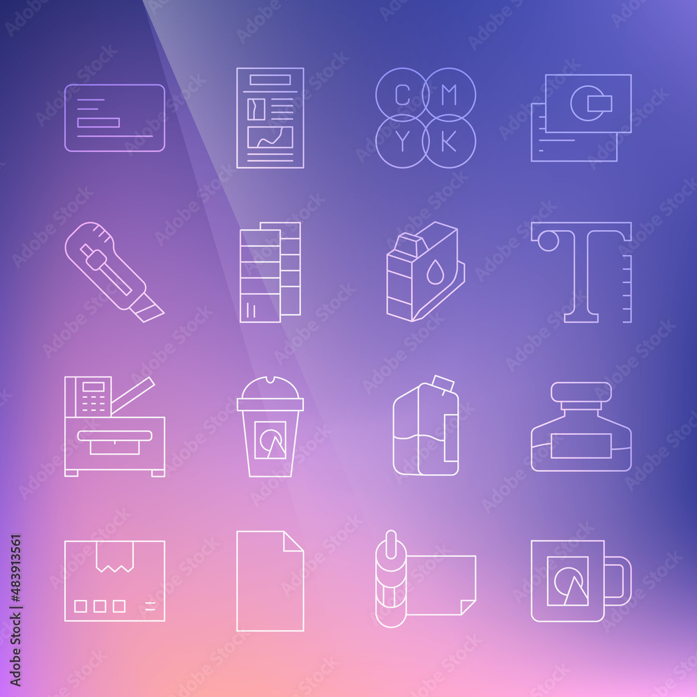 Set line Coffee cup, Ink bottle, Text, CMYK color mixing, Pantone, Stationery knife, Business card and Printer ink cartridge icon. Vector Set line Coffee cup, Ink bottle, Text, CMYK color mixing, Pantone, Stationery knife, Business card and Printer ink cartridge icon. Vector