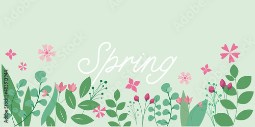 Spring floral illustration. Flowers and green leaves decorative illustration for spring background, banner, graphic design. Hello spring, Spring time vector illustration. photo