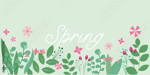 Spring floral illustration. Flowers and green leaves decorative illustration for spring background, banner, graphic design. Hello spring, Spring time vector illustration.