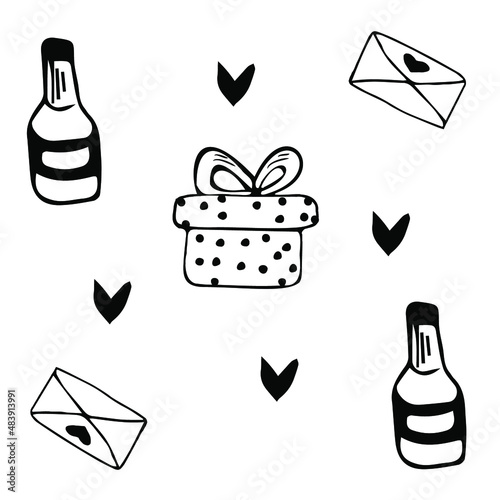 
Set consisting of gift, bottle and hearts