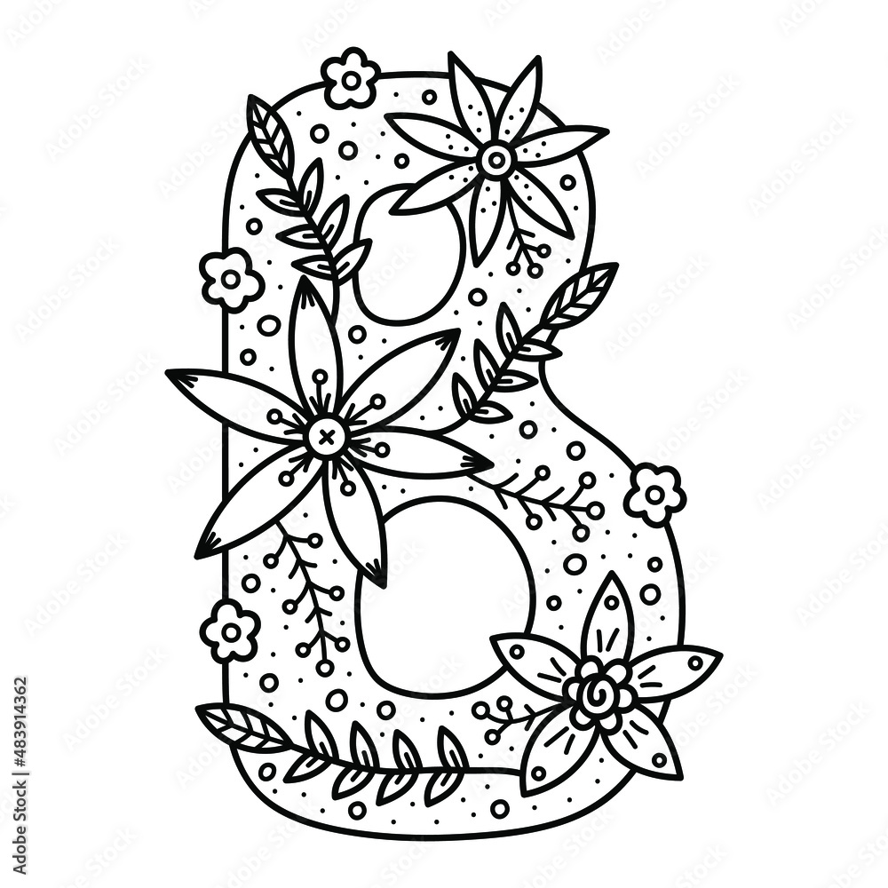 Fototapeta premium Floral alphabet. Colorless doodle letter B. Coloring book for adults and kids.