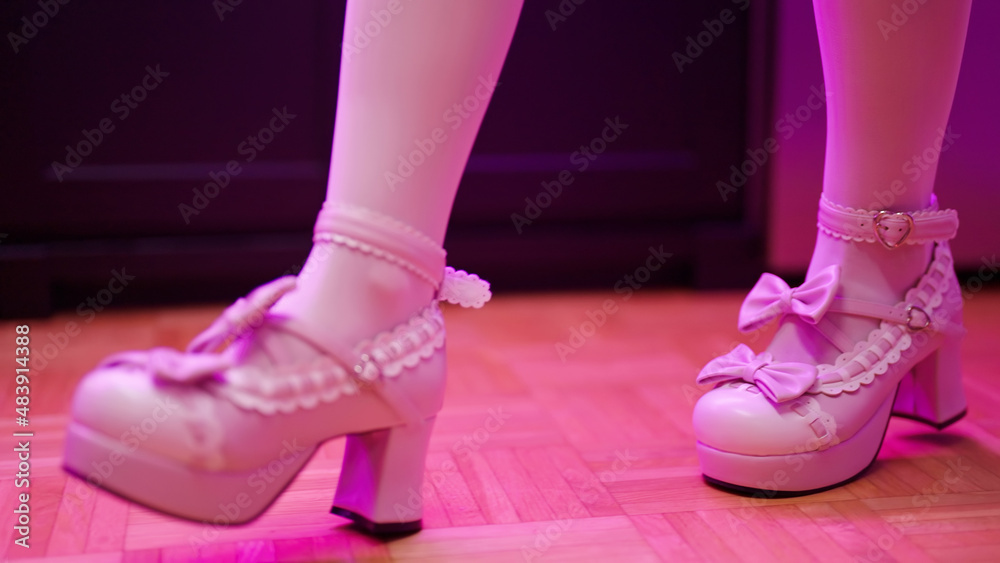 Pink maid high heels girly retro bow decoration shoes walk Pink maid high heels girly retro bow decoration shoes walk