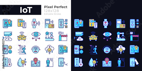 IoT pixel perfect light and dark theme color icons set. Wifi regulation. Internet of Things. Simple filled line drawings. Bright cliparts on white and black. Editable stroke. Quicksand-Light font used
