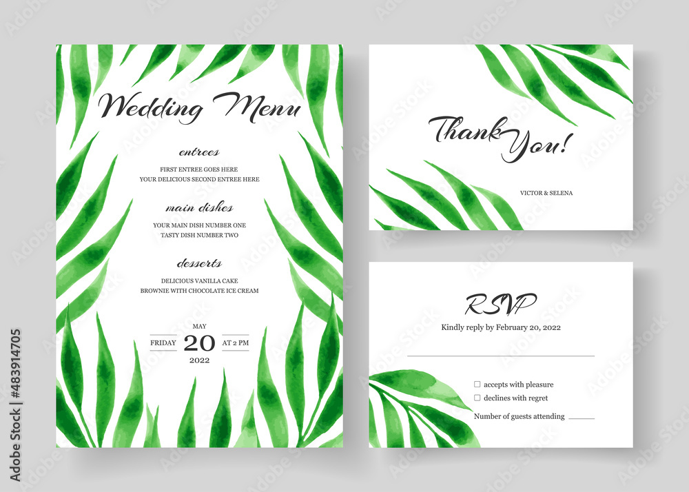 Beautiful watercolor botanical wedding invitation card set