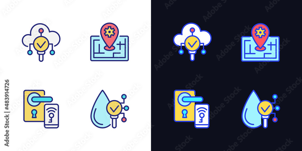 Fototapeta premium IoT technologies pixel perfect light and dark theme color icons set. Remote lock access. Internet of Things. Simple filled line drawings. Bright cliparts on white and black. Editable stroke