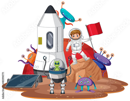 Cartoon astronaut and aliens on planet in cartoon style