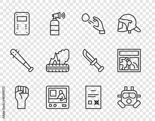 Set line Raised hand with clenched fist, Gas mask, Hooligan shooting stones, Television report, Police assault shield, Lying burning tires, Poll document and Broken window icon. Vector
