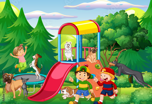 Playground scene with happy family and dogs