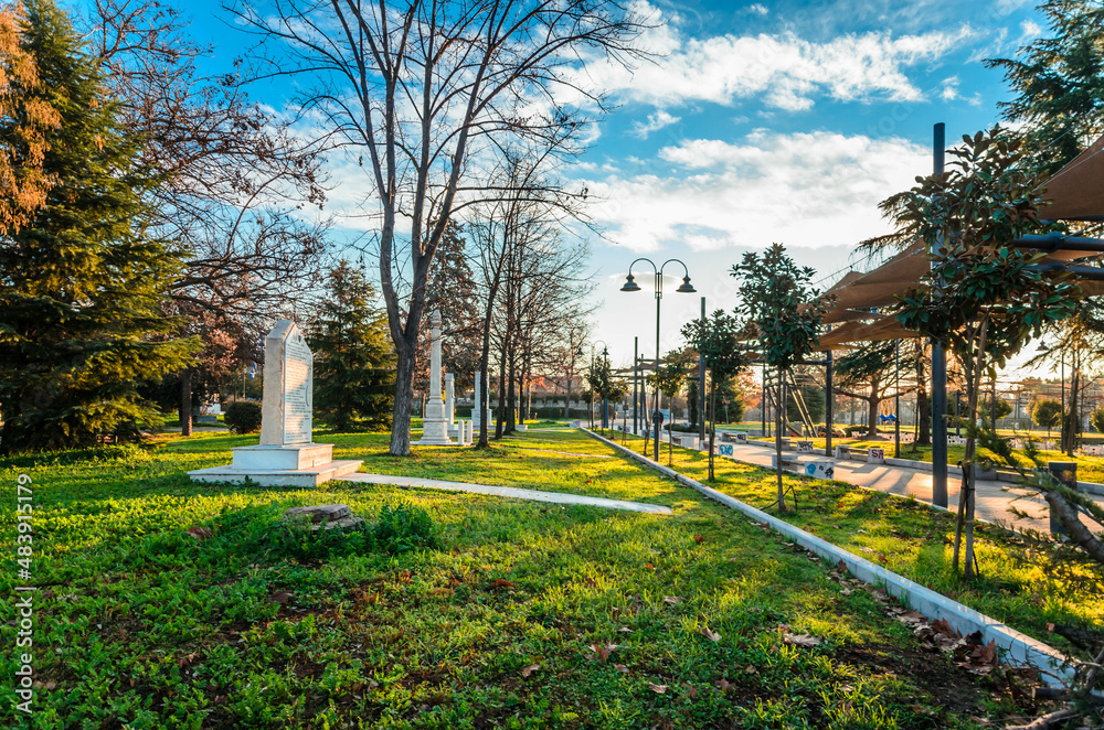 Naklejka premium Beautiful park next to the orthodox church of Saint Achilleus in Larissa, the biggest city of Thessaly.